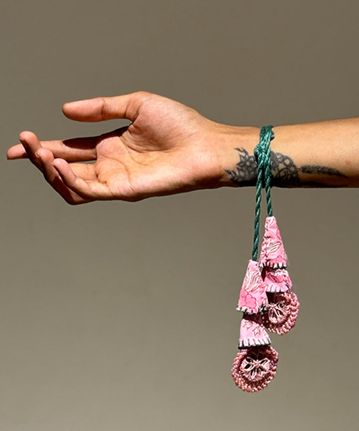 Pink green handmade bead work beads mirror fabric anchor threads rakhi