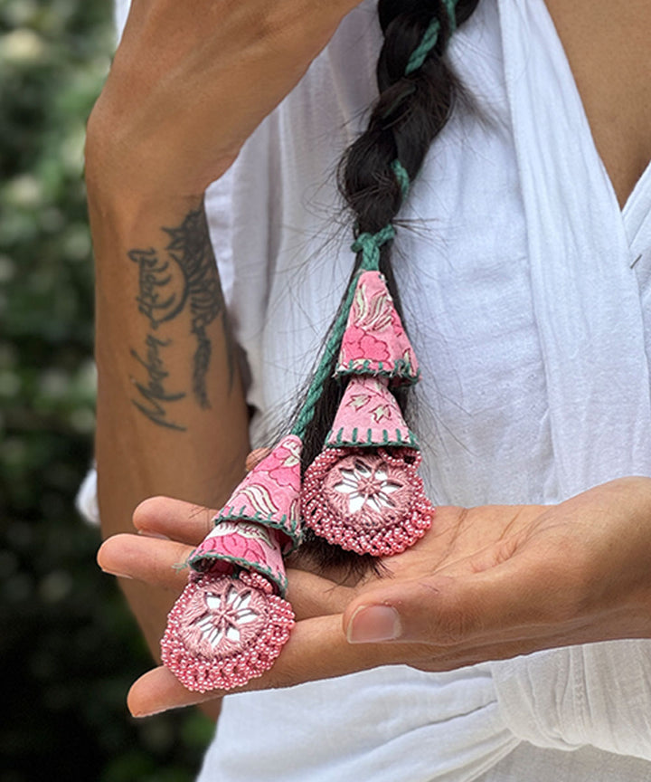 Pink green handmade bead work beads mirror fabric anchor threads rakhi