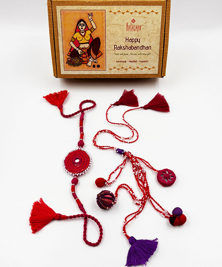 Red pink handmade bead work mirror nadi beads anchor threads rakhi