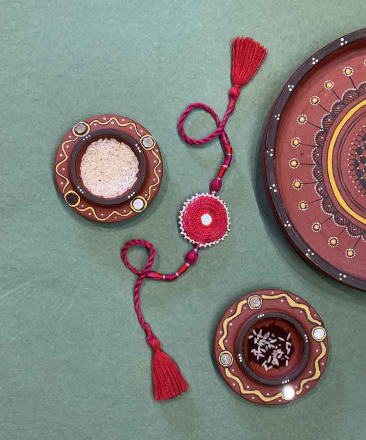 Red pink handmade bead work mirror nadi beads anchor threads rakhi