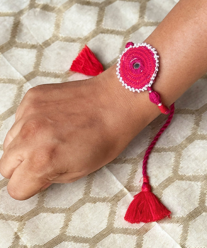 Red pink handmade bead work mirror nadi beads anchor threads rakhi