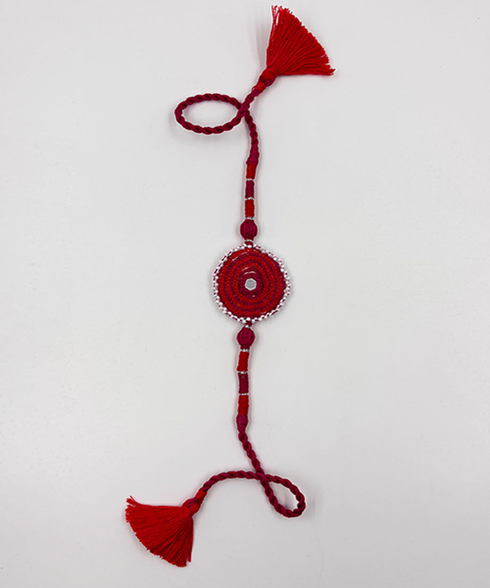 Red pink handmade bead work mirror nadi beads anchor threads rakhi