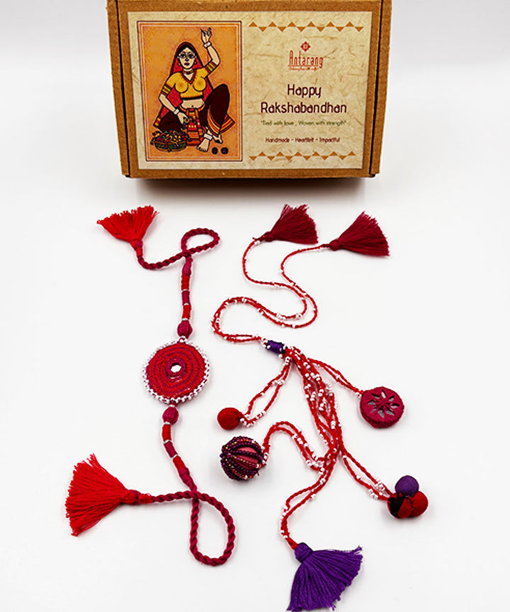 Pink purple mirror fabric terracota bead beads anchor threads rakhi