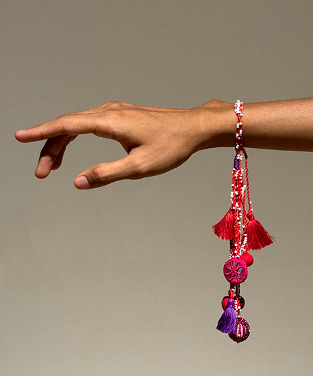 Pink purple mirror fabric terracota bead beads anchor threads rakhi