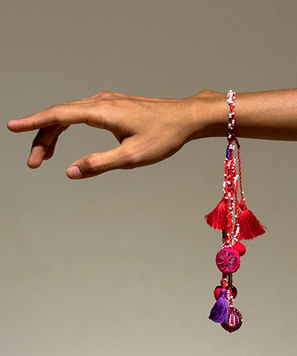 Handmade bead work mirror fabric terracota bead anchor threads rakhi
