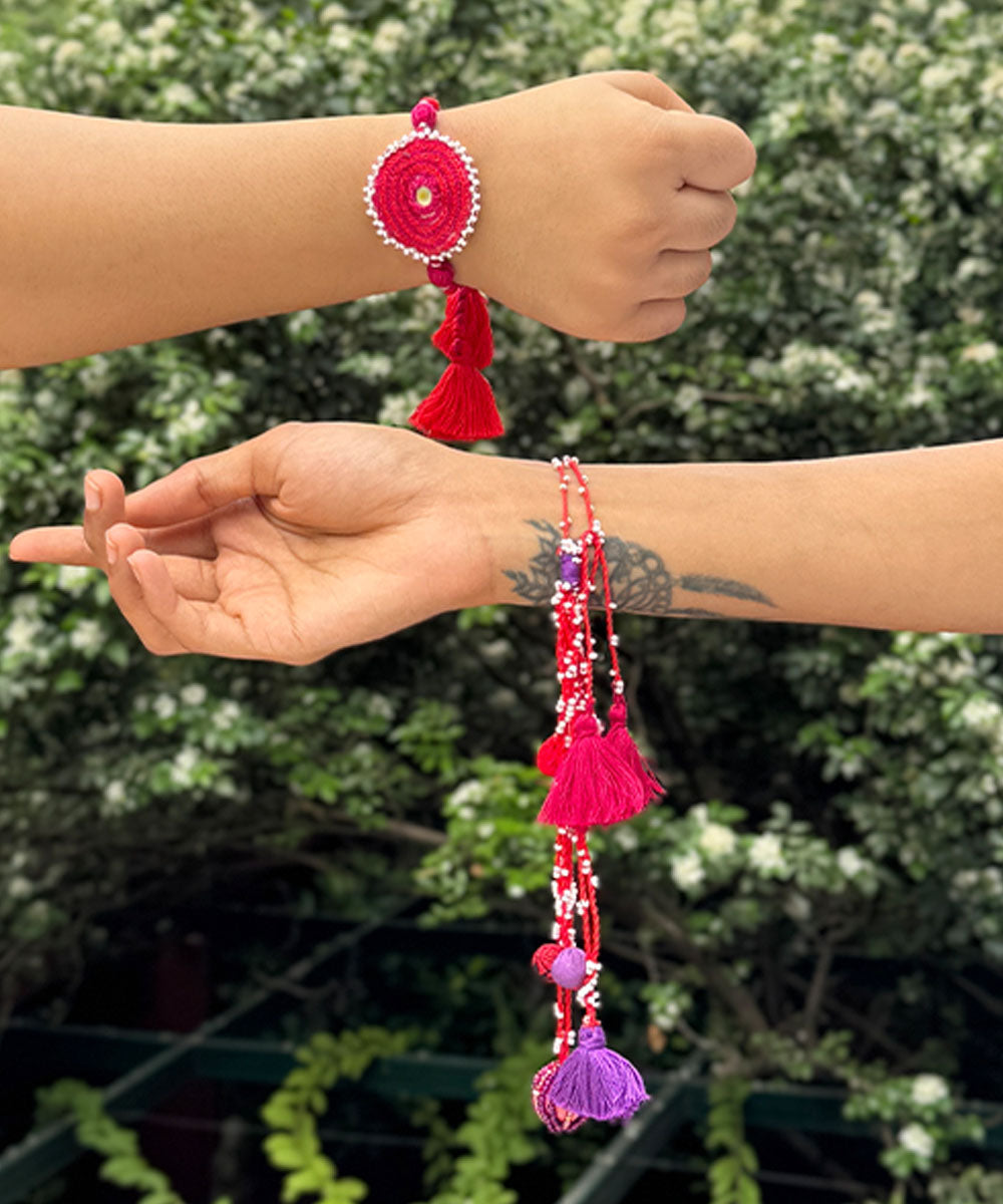 Handmade bead work mirror fabric terracota bead anchor threads rakhi
