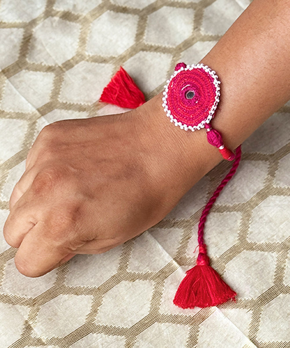 Handmade bead work mirror fabric terracota bead anchor threads rakhi