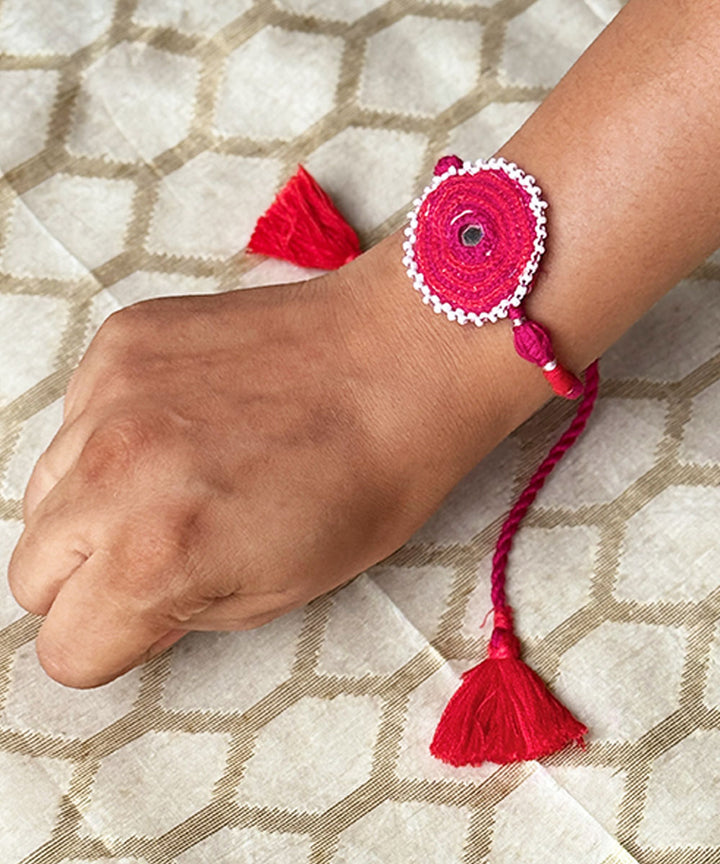 Handmade bead work mirror fabric terracota bead anchor threads rakhi