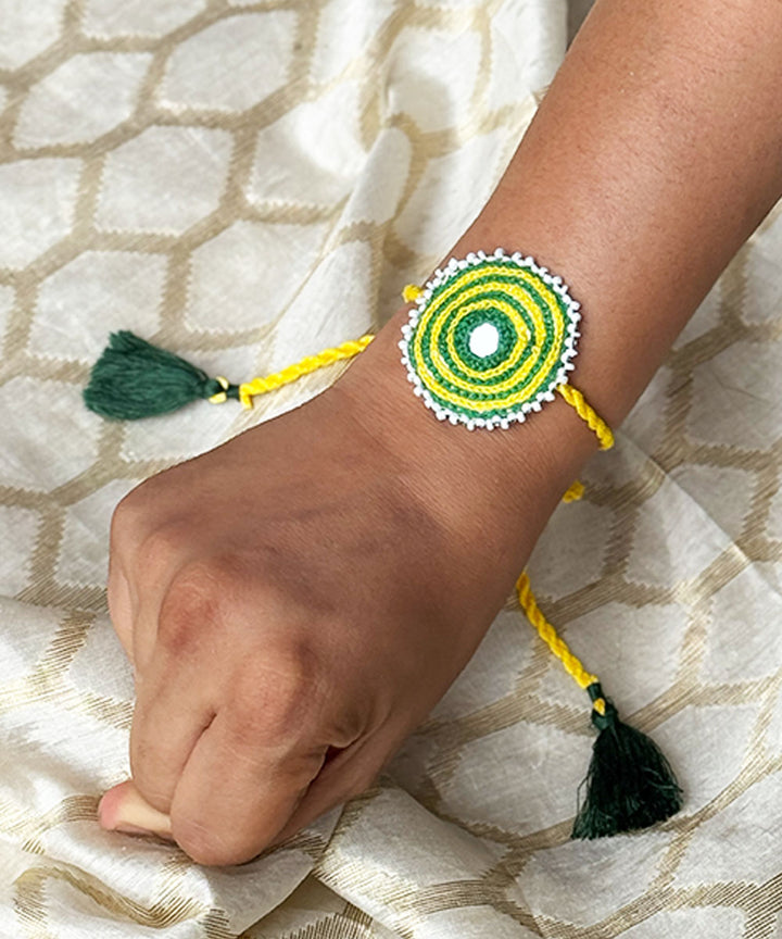 Yellow green handmade bead work mirror fabric anchor threads rakhi