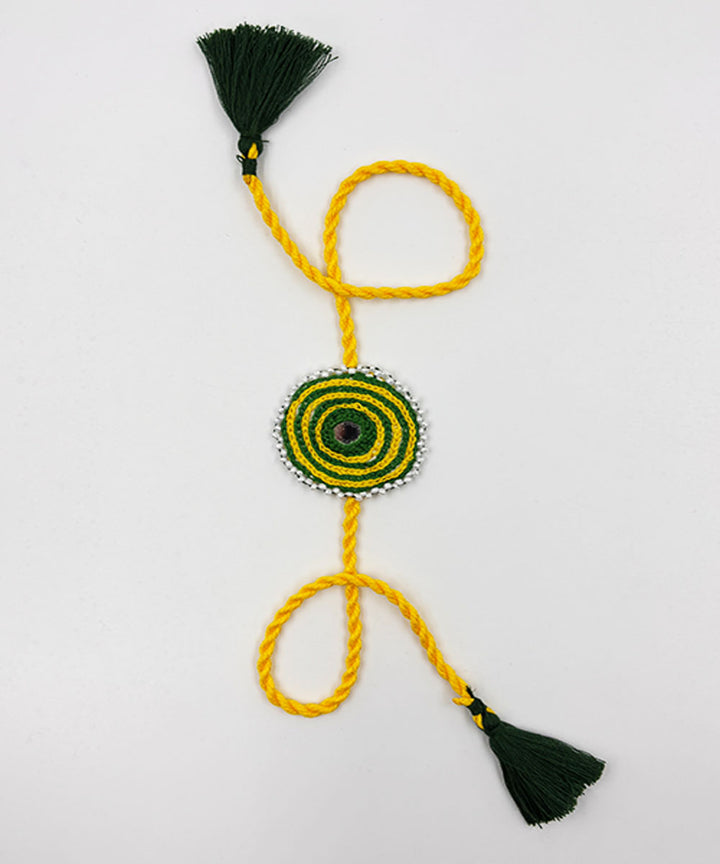 Yellow green handmade bead work mirror fabric anchor threads rakhi