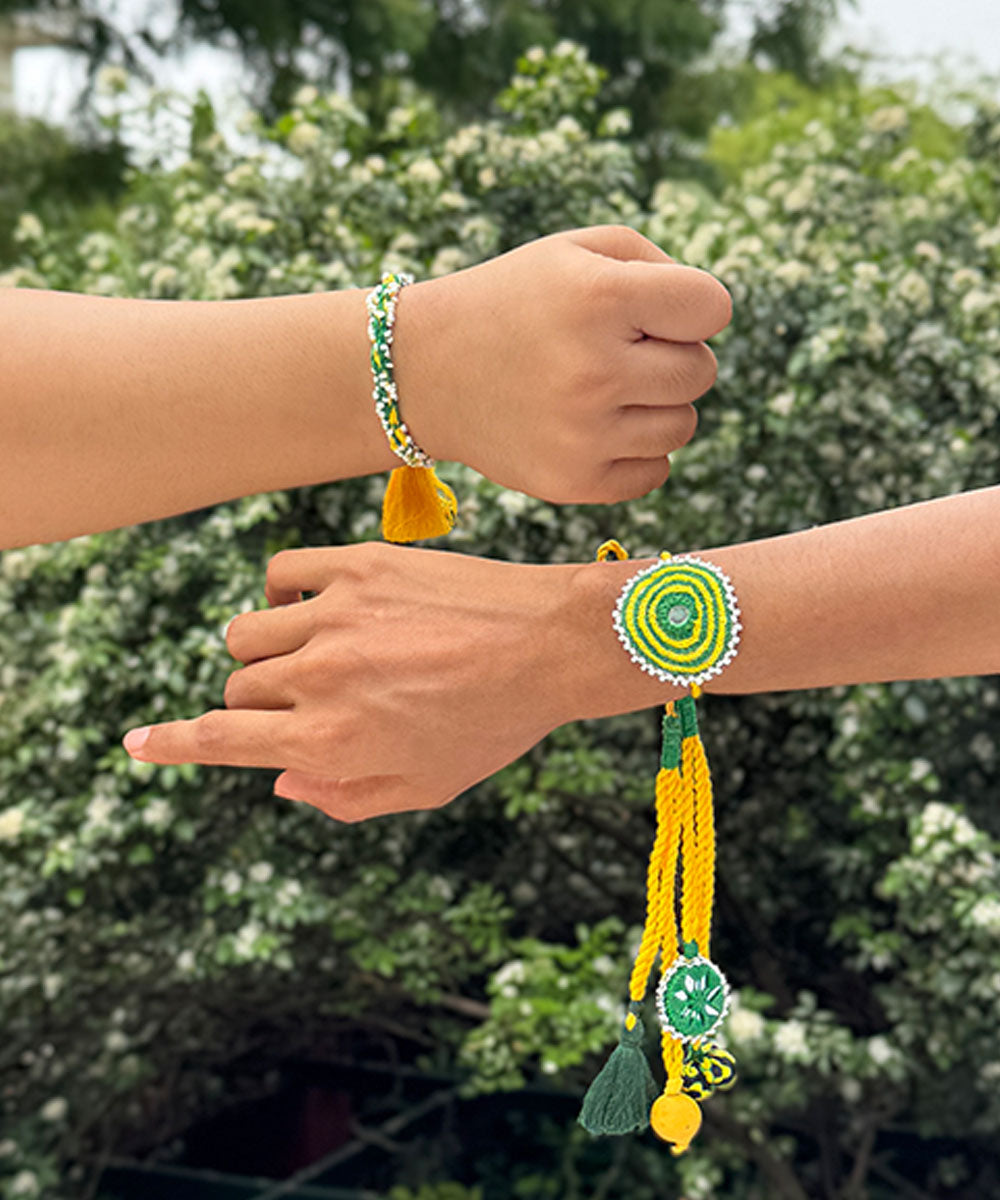 Yellow green handmade bead work beads anchor threads rakhi