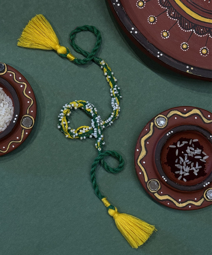 Yellow green handmade bead work beads anchor threads rakhi