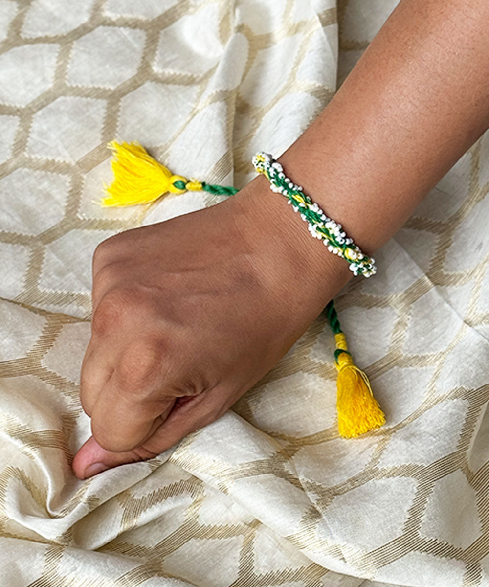 Yellow green handmade bead work beads anchor threads rakhi