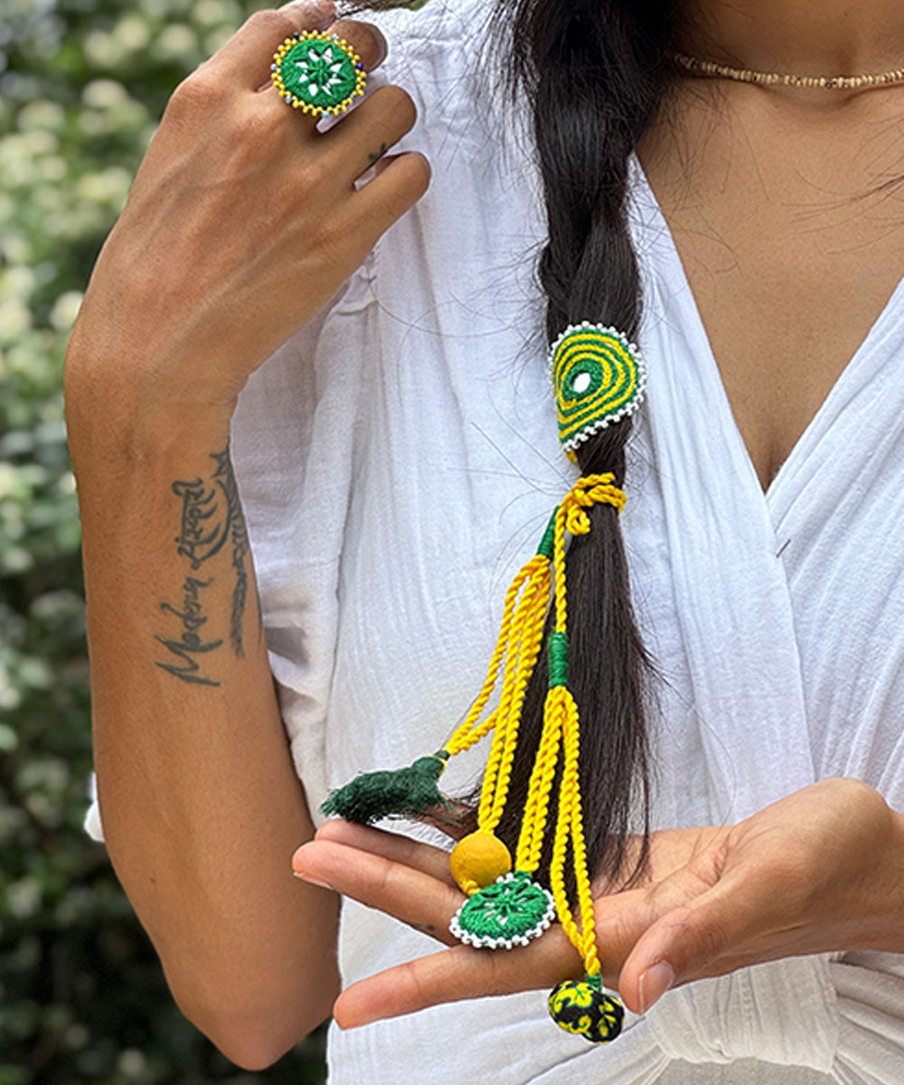 Yellow green handmade mirror fabric beads anchor threads rakhi