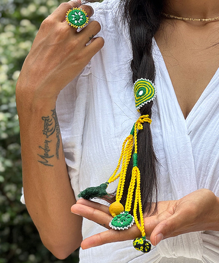 Yellow green handmade mirror fabric beads anchor threads rakhi