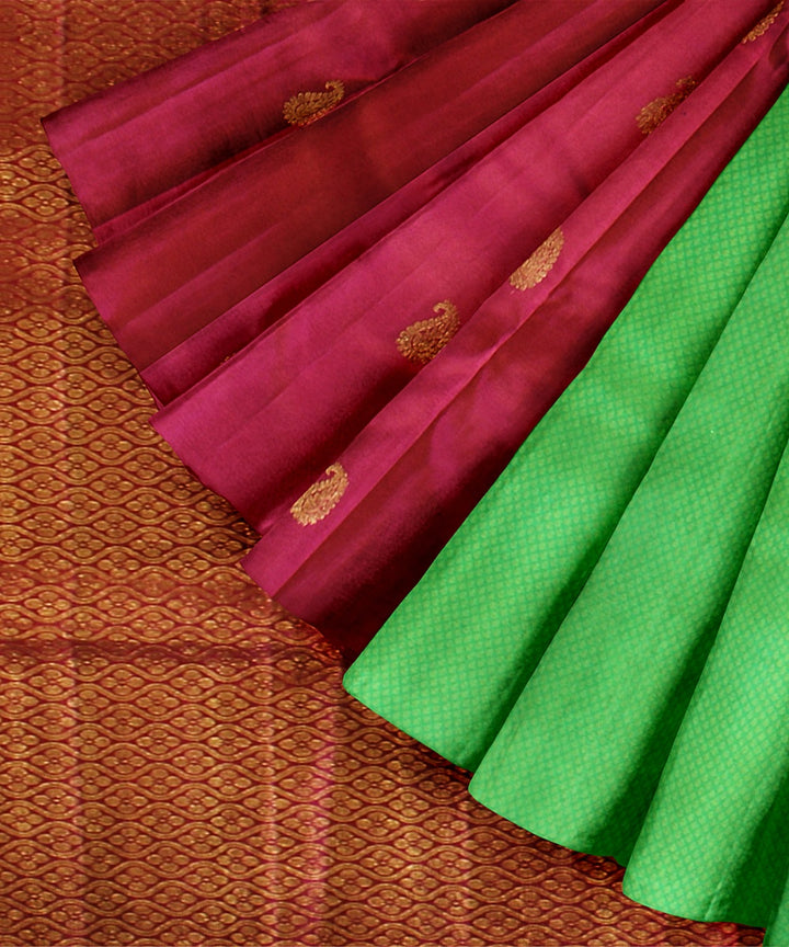 Cyan green pink handwoven kanchi silk saree