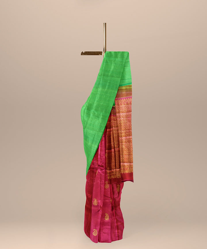 Cyan green pink handwoven kanchi silk saree