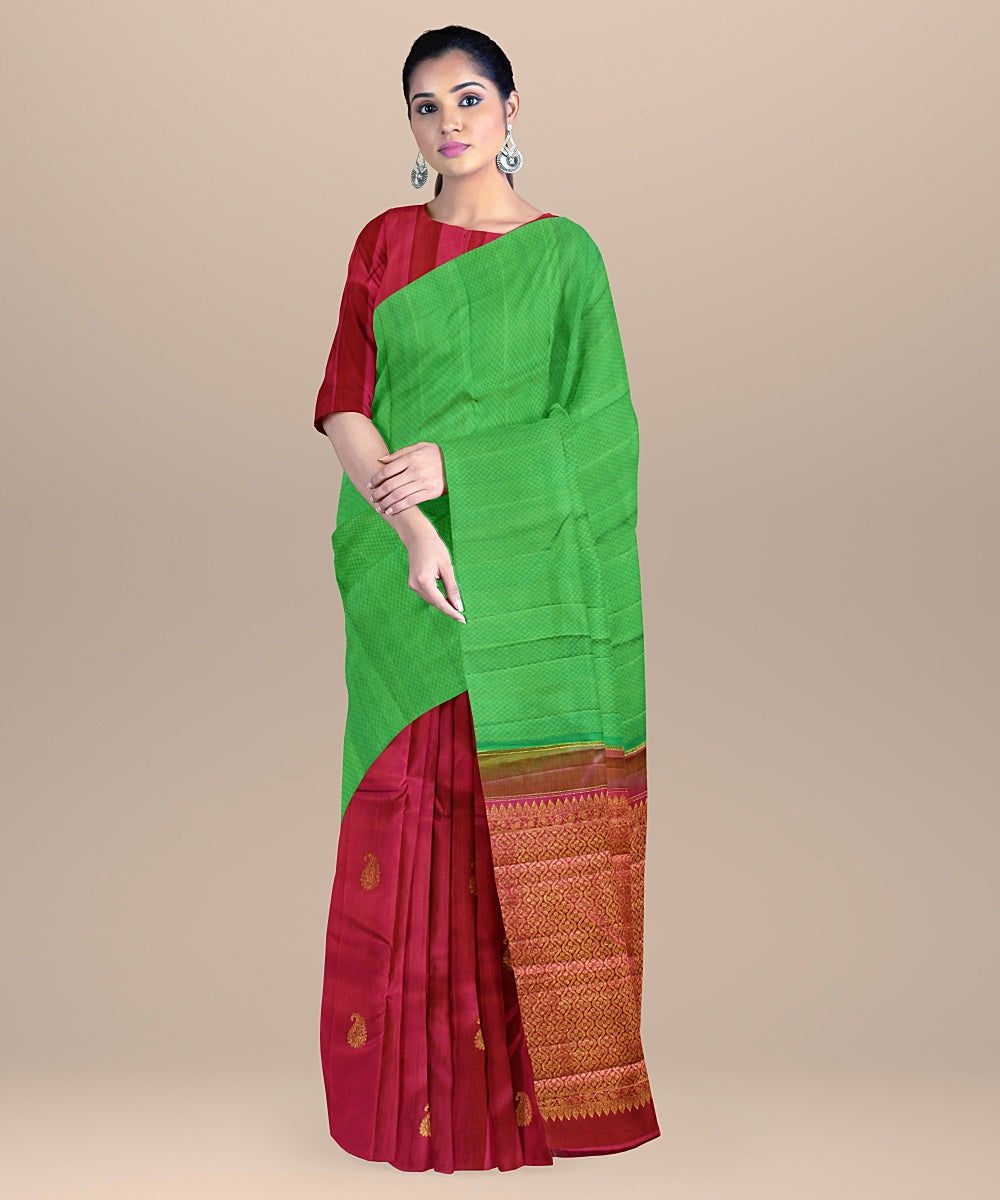 Cyan green pink handwoven kanchi silk saree