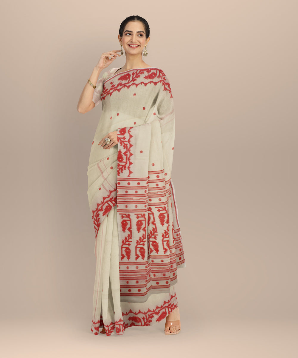 Off white red handwoven bengal cotton saree