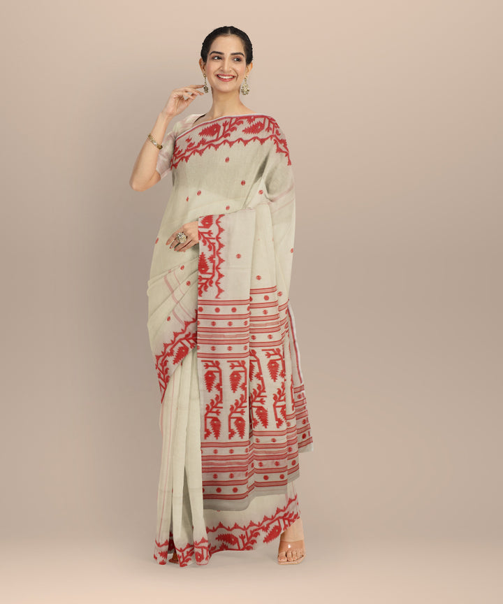 Off white red handwoven bengal cotton saree