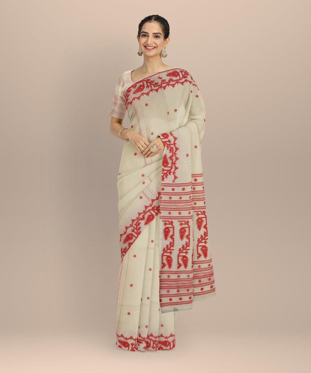 Off white red handwoven bengal cotton saree