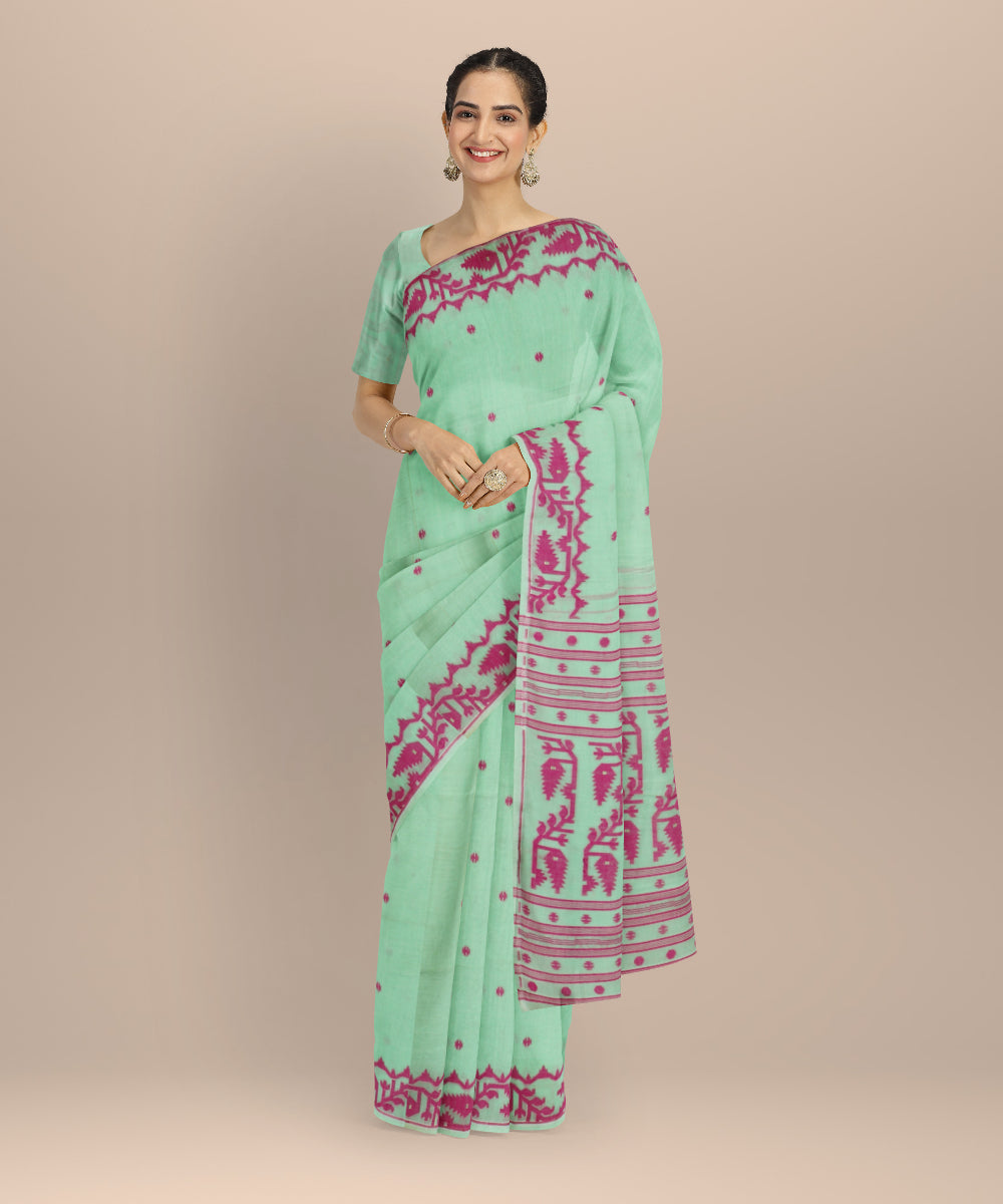 Lime green pink handloom bengal cotton saree