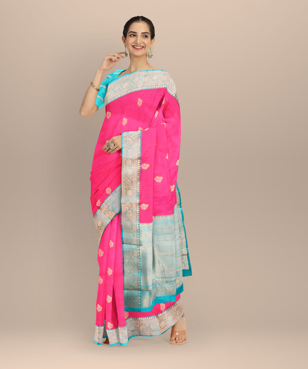 Pink sky blue silk handloom banarasi saree