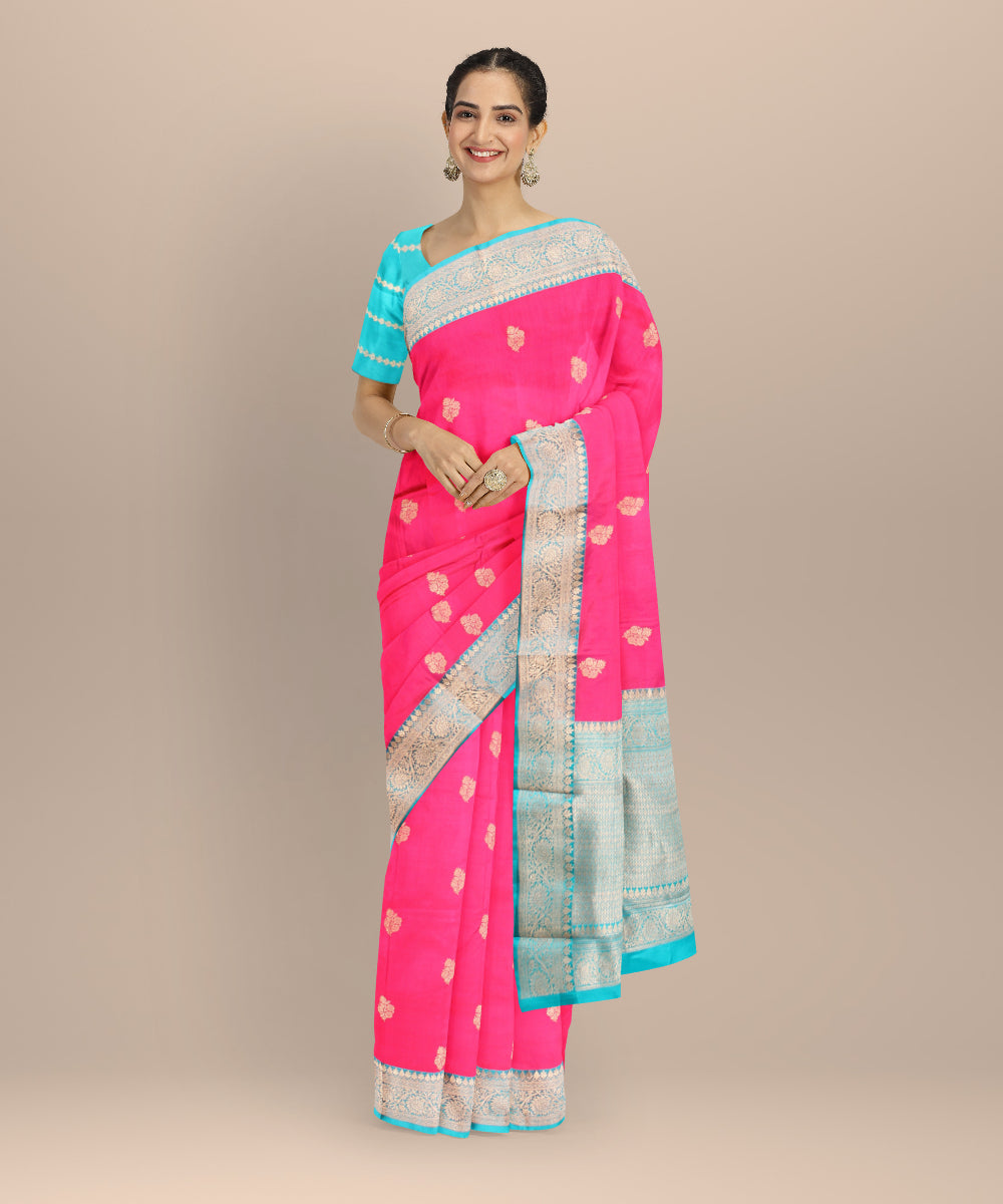 Pink sky blue silk handloom banarasi saree