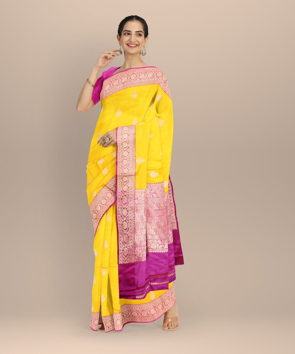 Yellow pink silk handloom banarasi saree