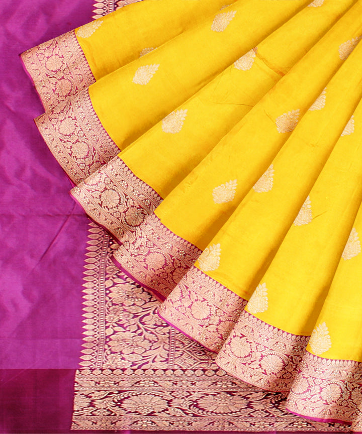 Yellow pink silk handloom banarasi saree