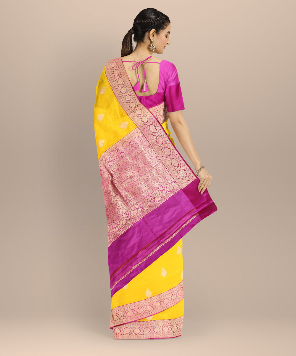 Yellow pink silk handloom banarasi saree