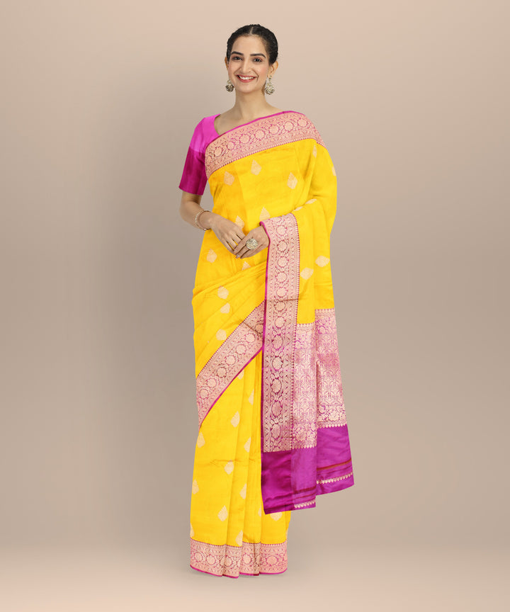 Yellow pink silk handloom banarasi saree