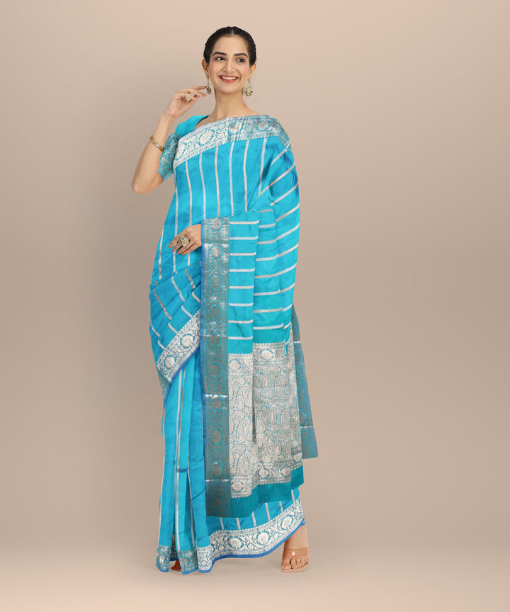 Sky blue silver zari silk handloom banarasi saree