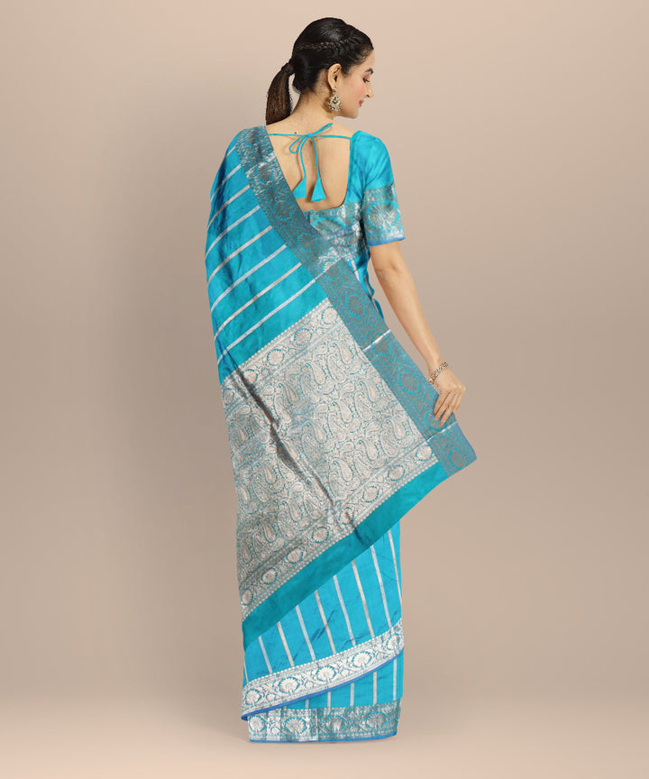 Sky blue silver zari silk handloom banarasi saree