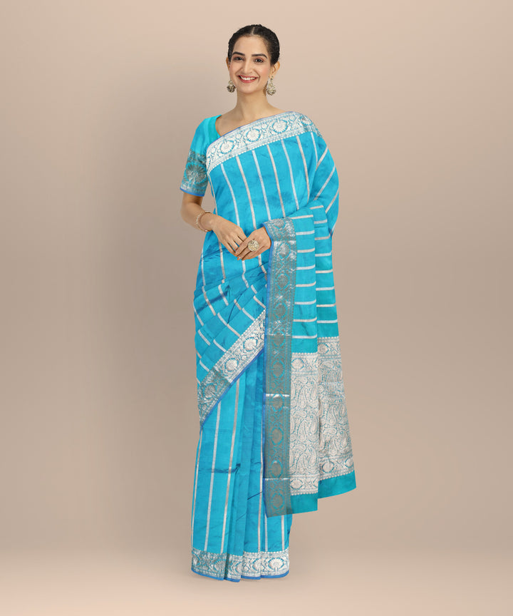 Sky blue silver zari silk handloom banarasi saree