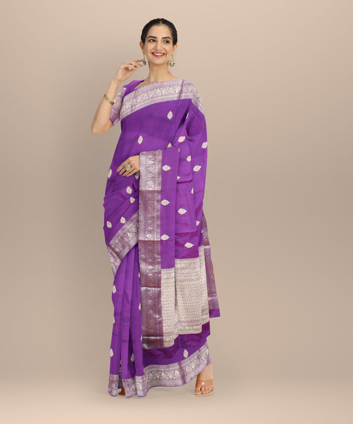 Violet silver zari handloom banarasi silk saree