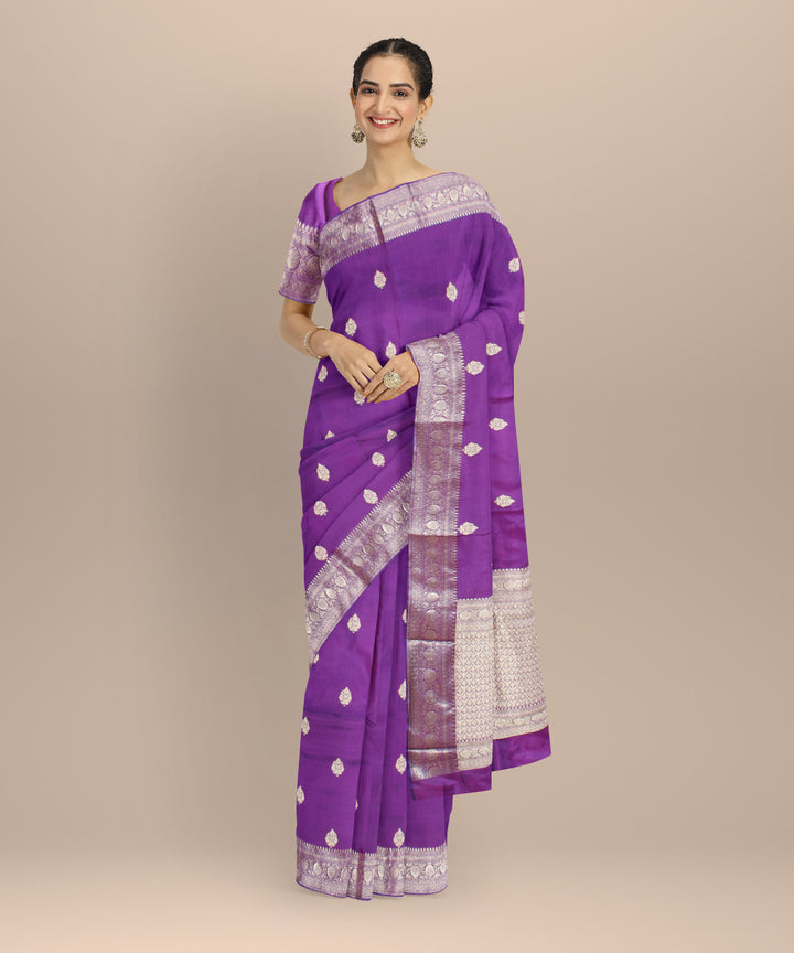 Violet silver zari handloom banarasi silk saree
