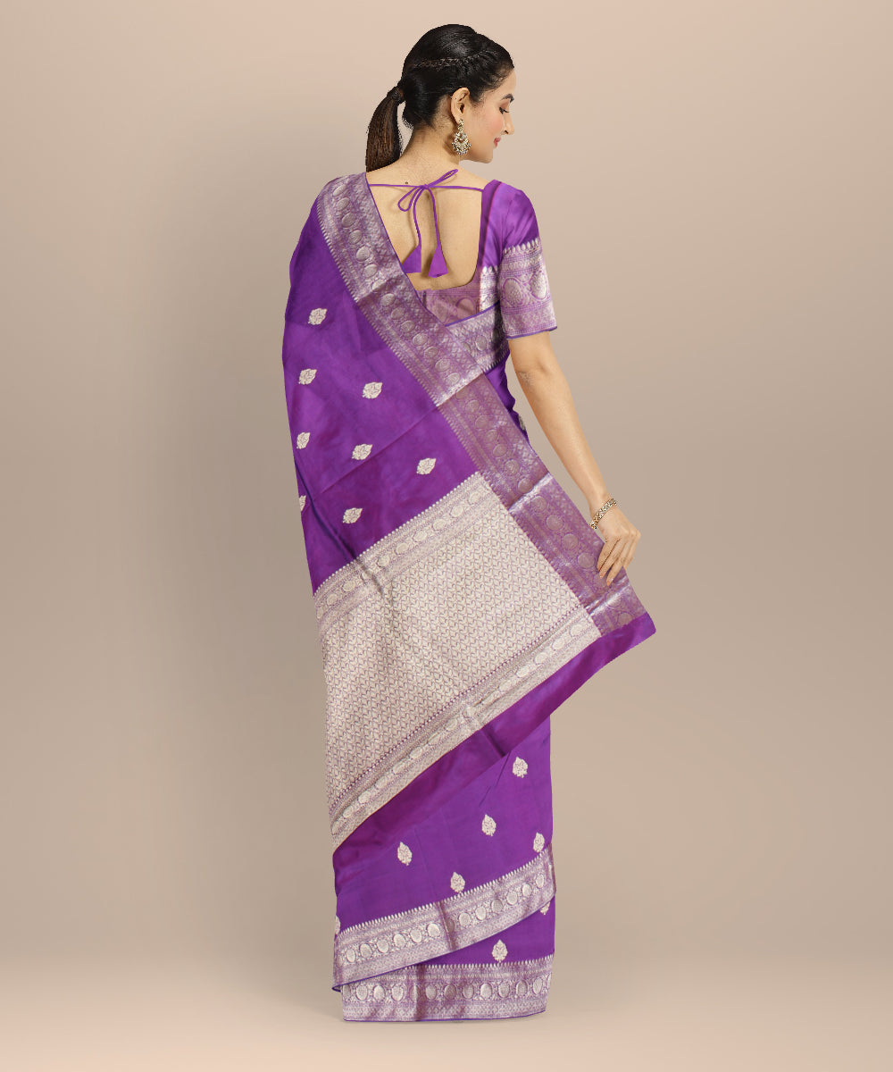 Violet silver zari handloom banarasi silk saree