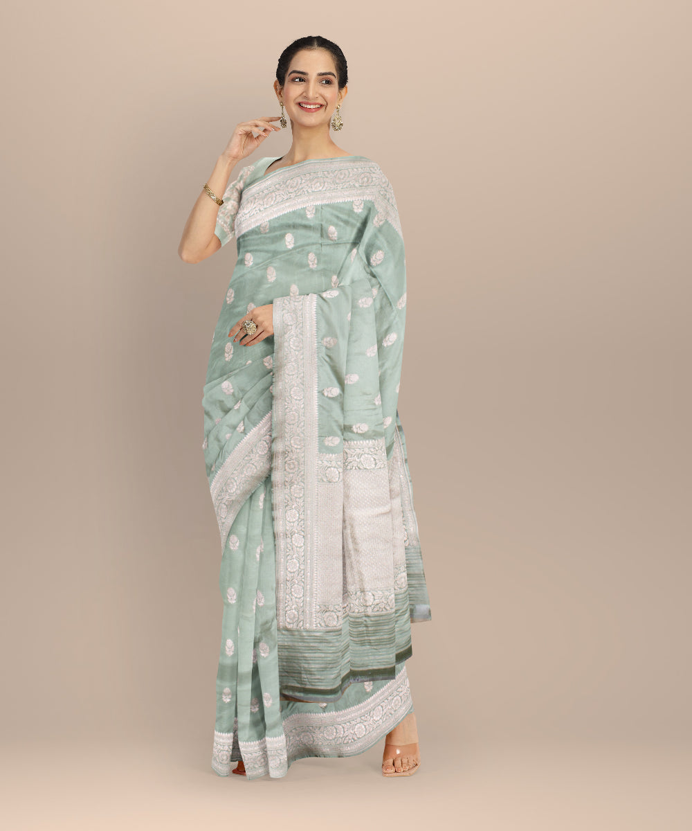 Cyan green silver zari silk handloom banarasi saree