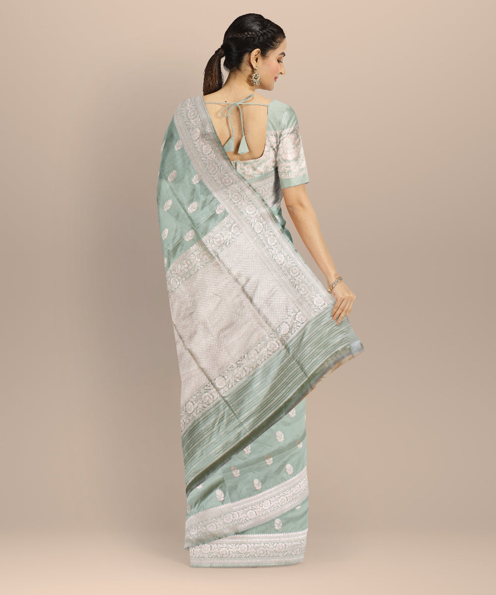 Cyan green silver zari silk handloom banarasi saree