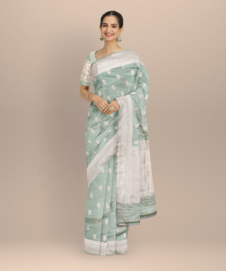 Cyan green silver zari silk handloom banarasi saree