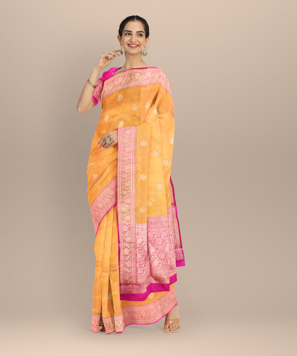 Orange pink silk handloom banarasi saree