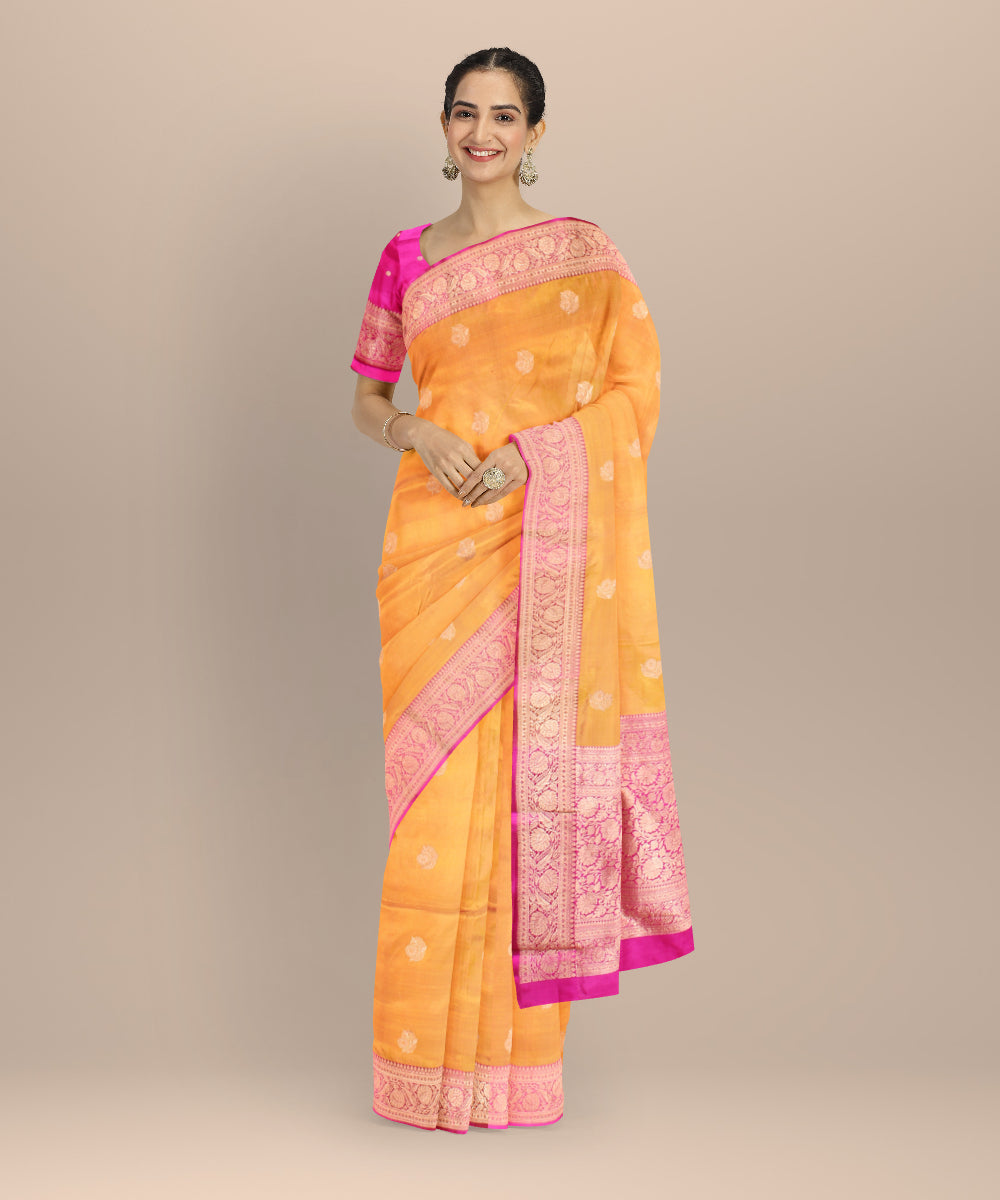 Orange pink silk handloom banarasi saree