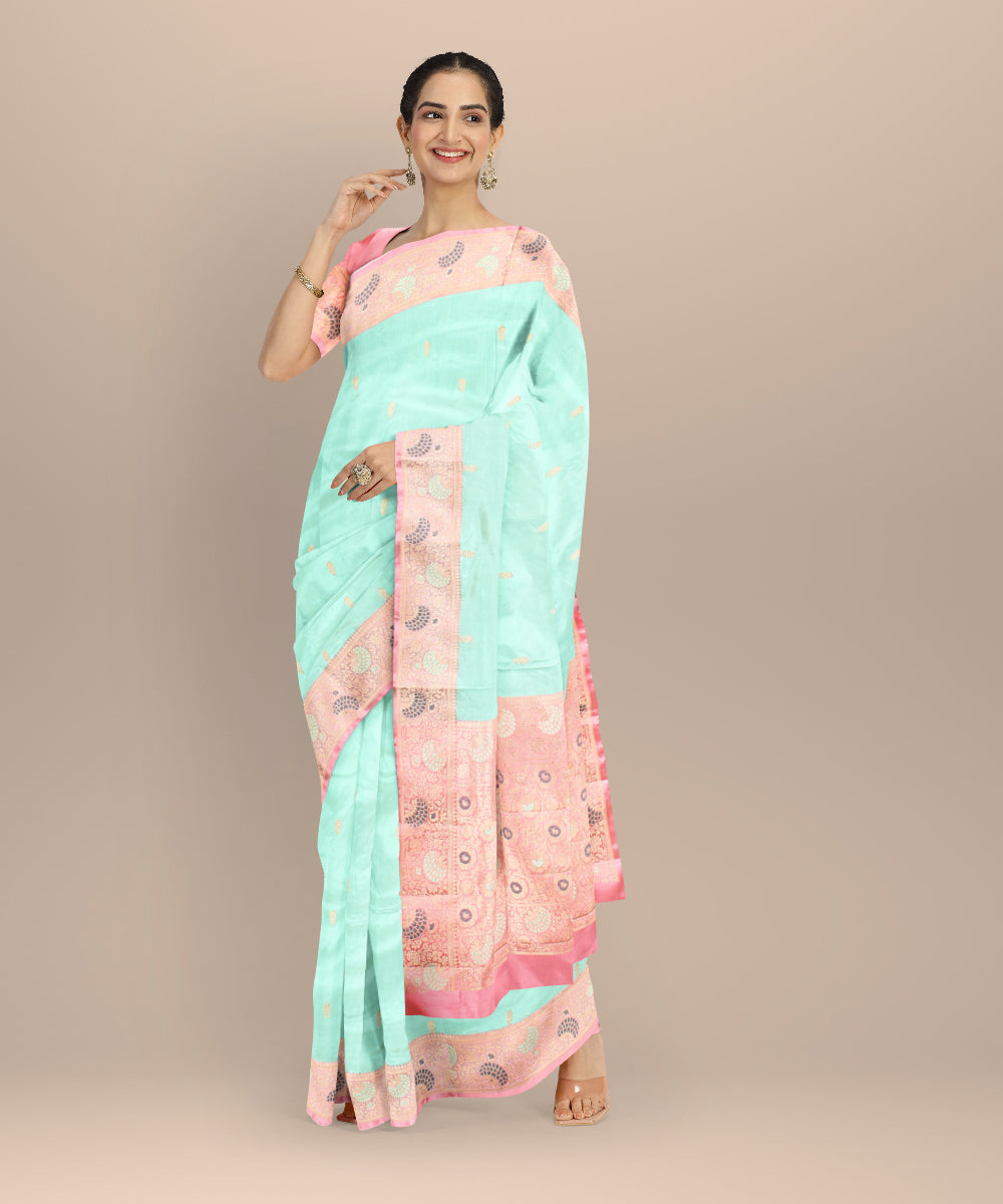 Cyan green peach silk handloom banarasi saree