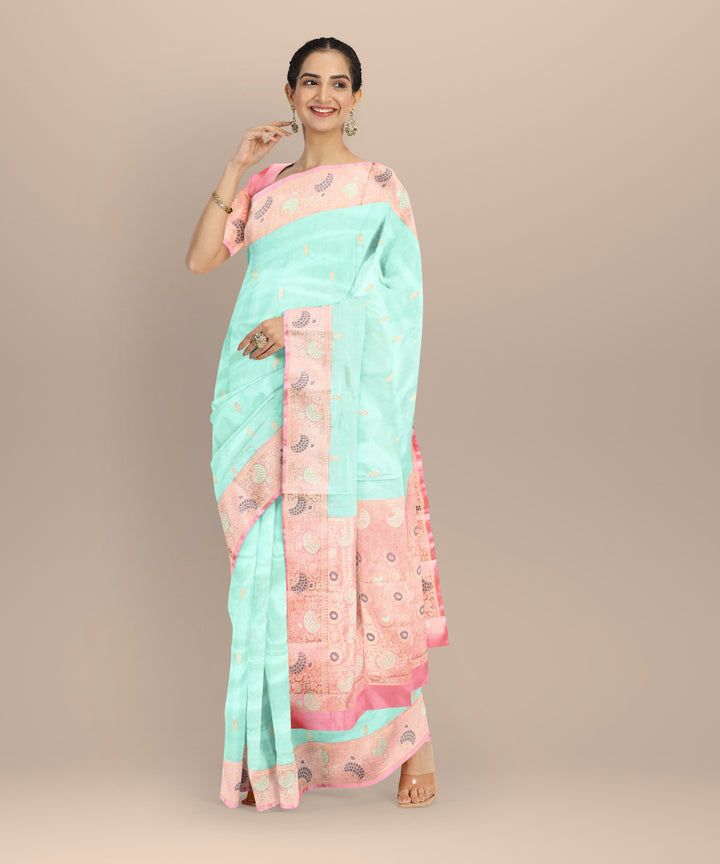 Cyan green peach silk handloom banarasi saree