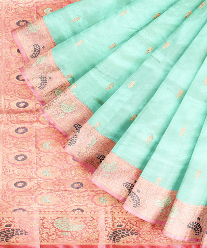 Cyan green peach silk handloom banarasi saree