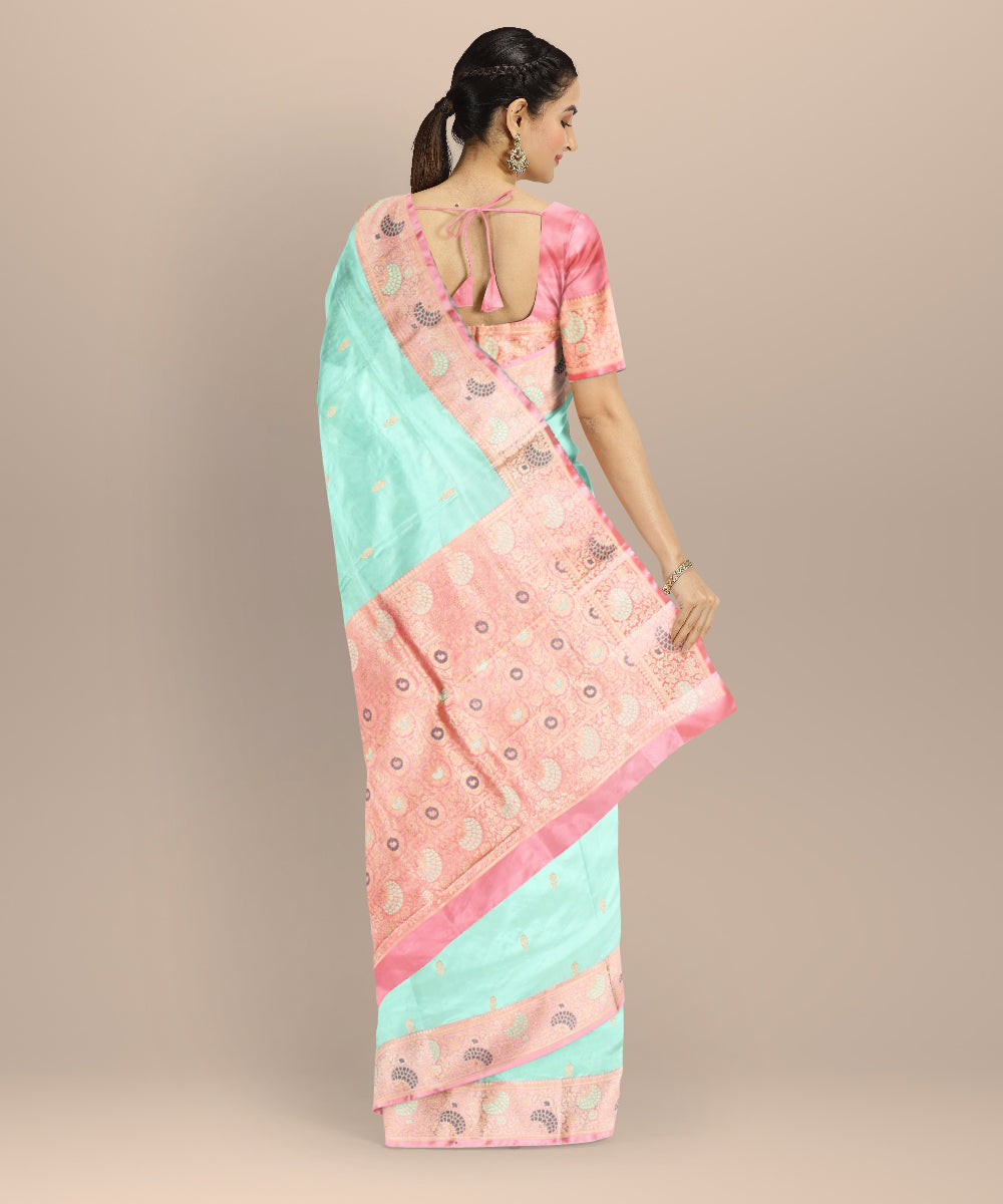 Cyan green peach silk handloom banarasi saree
