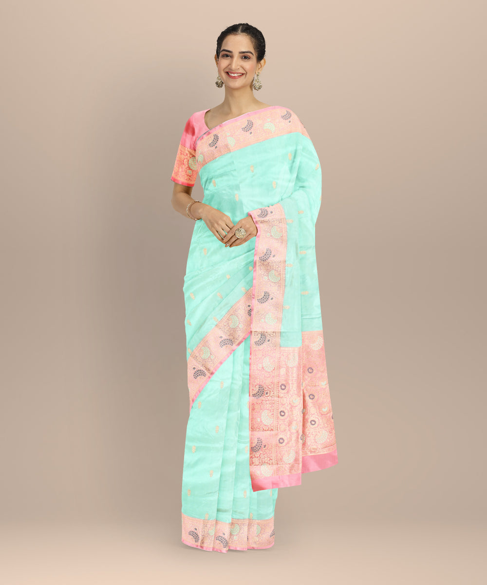 Cyan green peach silk handloom banarasi saree