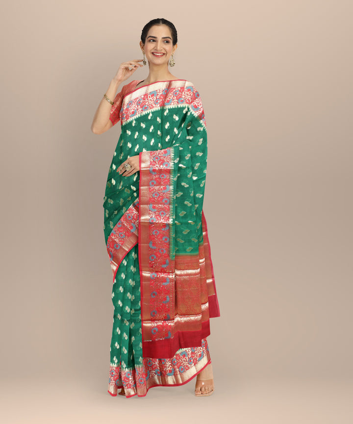 Dark green red silk handloom banarasi saree