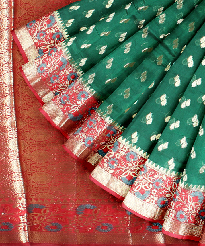 Dark green red silk handloom banarasi saree